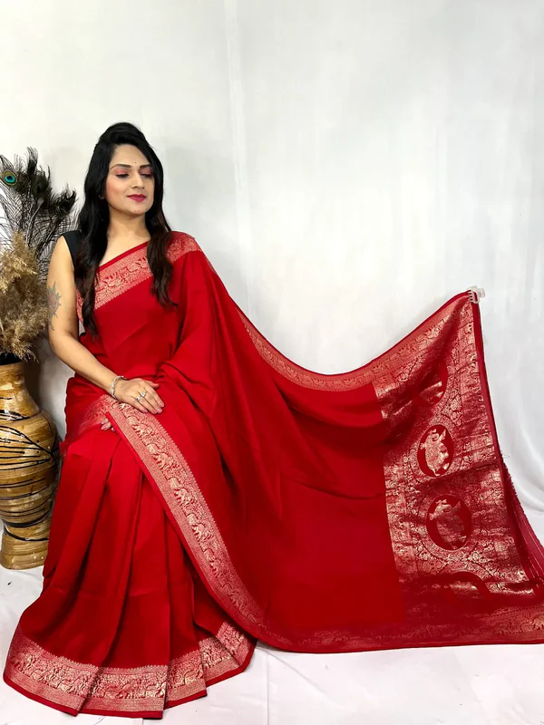 Dola Silk Golden Zari Border Saree - Red